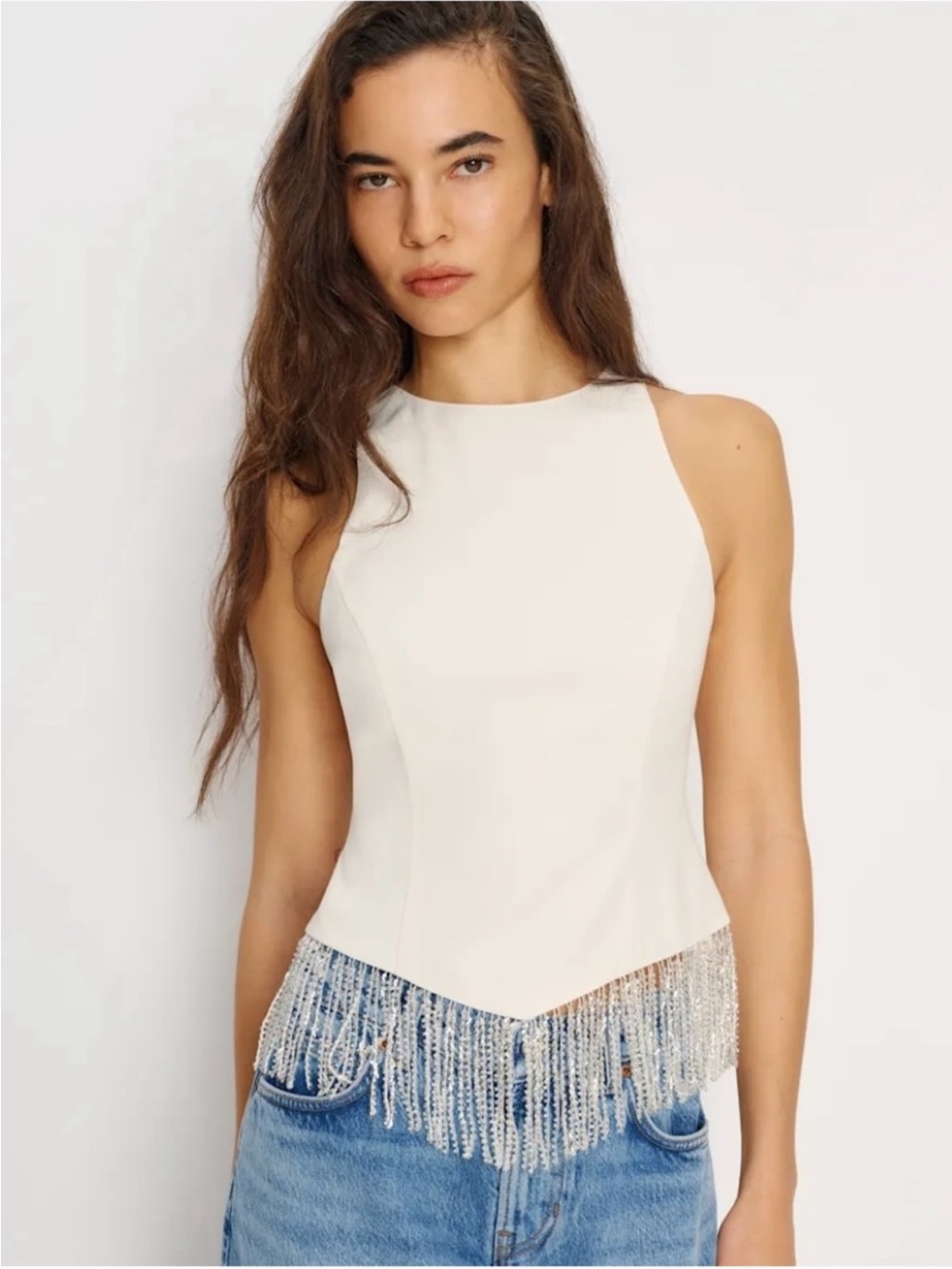 Reformation Sovina Top Cream Beaded Fringe Halter Size 2